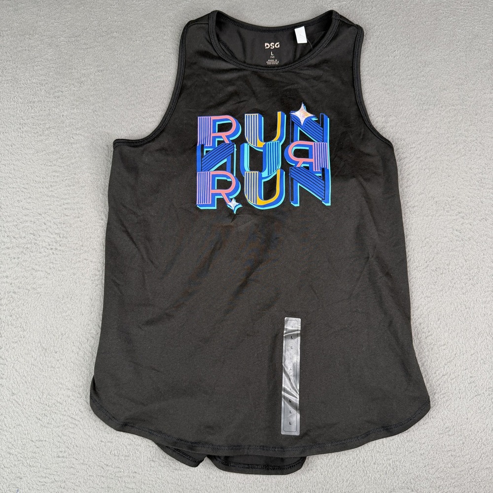 DSG Shirt Girls Large 14 Black Movement Performance Tank Top RUN Graphic Running